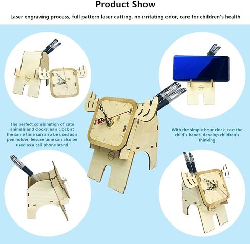 ساعة منبه SAPYONY لغرفة النوم مصنوعة من الخشب الكهربائي، بجانب السرير للأطفال الذين ينامون بعمق والأطفال المسنين والمكتب المنزلي ثلاثي الأبعاد لغز DIY مُجمَّع يدويًا متعدد الوظائف على مدار الساعة وحامل قلم in Kuwait