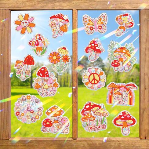 Huray Rayho 16 قطعة من ملصقات النوافذ على شكل فطر رائع وهيبي هيبي بوهو ديزي على شكل فراشة ملصقات نافذة مضادة للتصادمات للطيور غير لاصقة من الفينيل المنشوري وصانعي قوس قزح لتزيين النوافذ in Kuwait
