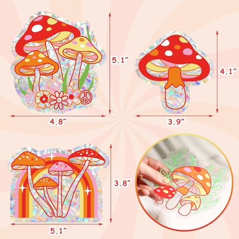 Huray Rayho 16 قطعة من ملصقات النوافذ على شكل فطر رائع وهيبي هيبي بوهو ديزي على شكل فراشة ملصقات نافذة مضادة للتصادمات للطيور غير لاصقة من الفينيل المنشوري وصانعي قوس قزح لتزيين النوافذ in Kuwait