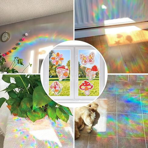 Huray Rayho 16 قطعة من ملصقات النوافذ على شكل فطر رائع وهيبي هيبي بوهو ديزي على شكل فراشة ملصقات نافذة مضادة للتصادمات للطيور غير لاصقة من الفينيل المنشوري وصانعي قوس قزح لتزيين النوافذ in Kuwait