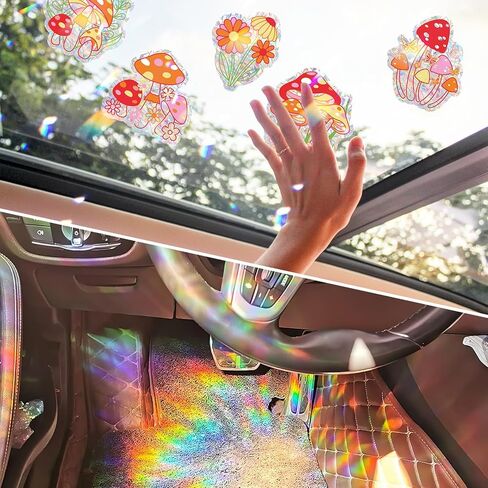 Huray Rayho 16 قطعة من ملصقات النوافذ على شكل فطر رائع وهيبي هيبي بوهو ديزي على شكل فراشة ملصقات نافذة مضادة للتصادمات للطيور غير لاصقة من الفينيل المنشوري وصانعي قوس قزح لتزيين النوافذ in Kuwait