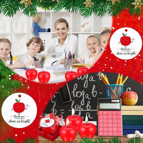 MTLEE 24 Pcs Christmas Gift for Teachers Apple Shape Candle Teacher Appreciation Gift Candles Thank You for Helping The Students Shine So Bright Card End of Year Xmas Candle Gift for Teachers in Saudi Arabia