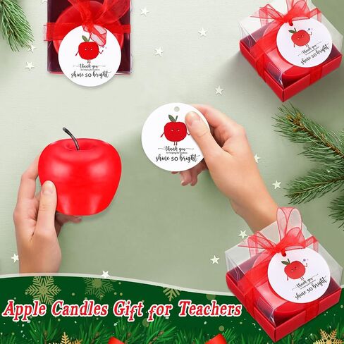 MTLEE 24 Pcs Christmas Gift for Teachers Apple Shape Candle Teacher Appreciation Gift Candles Thank You for Helping The Students Shine So Bright Card End of Year Xmas Candle Gift for Teachers in Saudi Arabia