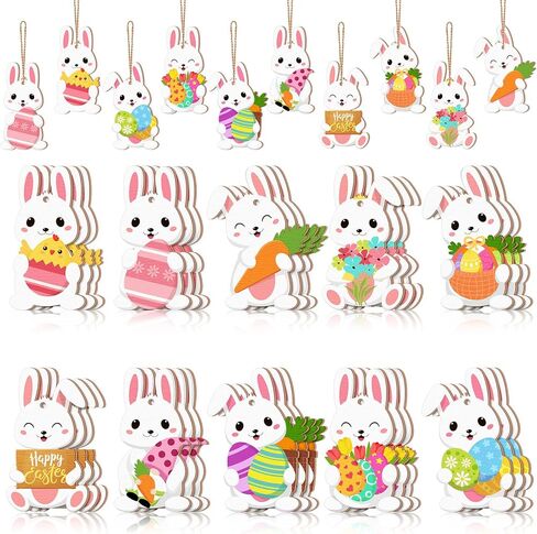 Qunclay 40 Pcs Easter Bunny Tree Ornaments Easter Wooden Slices Decor Rabbit Egg Hanging Sign with Rope for Party Home Farmhouse Indoor Outdoor(Cute Style) in Saudi Arabia
