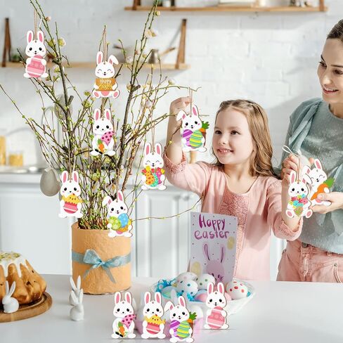 Qunclay 40 Pcs Easter Bunny Tree Ornaments Easter Wooden Slices Decor Rabbit Egg Hanging Sign with Rope for Party Home Farmhouse Indoor Outdoor(Cute Style) in Saudi Arabia