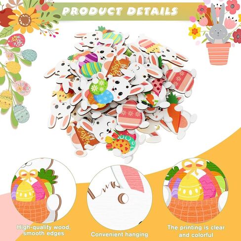 Qunclay 40 Pcs Easter Bunny Tree Ornaments Easter Wooden Slices Decor Rabbit Egg Hanging Sign with Rope for Party Home Farmhouse Indoor Outdoor(Cute Style) in Saudi Arabia