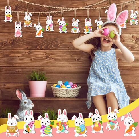 Qunclay 40 Pcs Easter Bunny Tree Ornaments Easter Wooden Slices Decor Rabbit Egg Hanging Sign with Rope for Party Home Farmhouse Indoor Outdoor(Cute Style) in Saudi Arabia