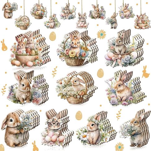 Qunclay 40 Pcs Easter Bunny Tree Ornaments Easter Wooden Slices Decor Rabbit Egg Hanging Sign with Rope for Party Home Farmhouse Indoor Outdoor(Cute Style) in Saudi Arabia