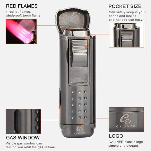 G GALINER ولاعة السيجار 4 شعلة نفاثة لهب أحمر غاز البوتان السائل قابل للتعديل ولاعة السيجار مع قاطع لكمة السيجار in Kuwait