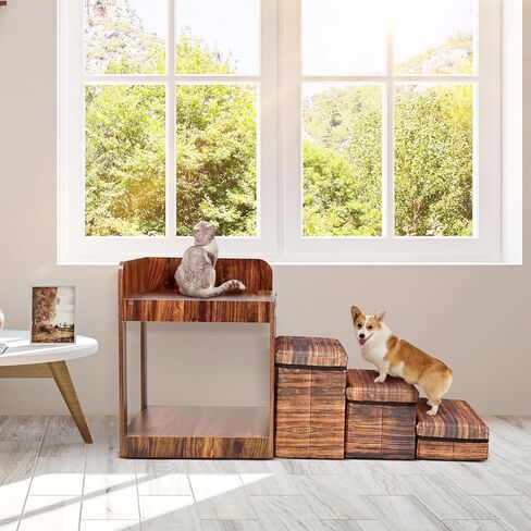 Homiesetify سرير بطابقين للحيوانات الأليفة مع سلالم قابلة للإزالة، سرير متعدد المستويات ونظام خطوة للكلاب والقطط، أريكة سرير مرتفعة للحيوانات الأليفة مع مساحة تخزين بجانب السرير، المنزل، للاستخدام الداخلي in Kuwait