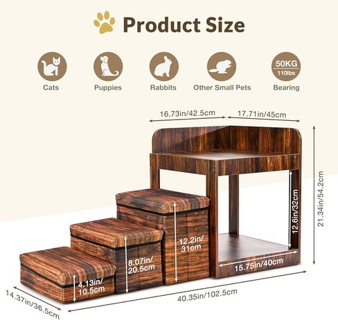 Homiesetify سرير بطابقين للحيوانات الأليفة مع سلالم قابلة للإزالة، سرير متعدد المستويات ونظام خطوة للكلاب والقطط، أريكة سرير مرتفعة للحيوانات الأليفة مع مساحة تخزين بجانب السرير، المنزل، للاستخدام الداخلي in Kuwait