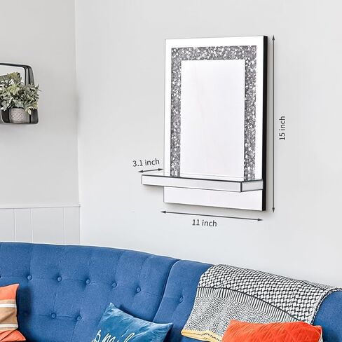 aeveco مرآة حائط فضية مع رف، أبعاد 11 × 15 بوصة، ديكور مرآة كريستال كراش الماسية للزينة أو غرفة المعيشة، ديكور منزلي متألق in Kuwait