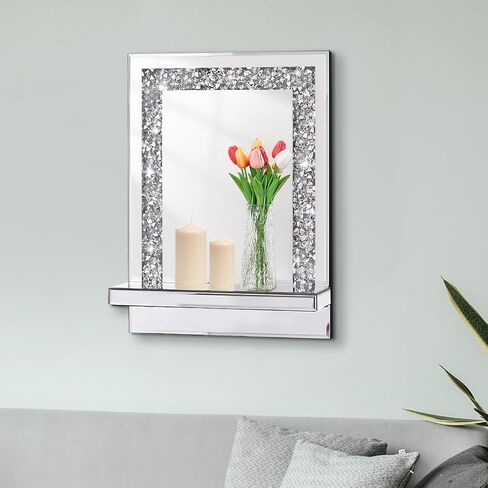 aeveco مرآة حائط فضية مع رف، أبعاد 11 × 15 بوصة، ديكور مرآة كريستال كراش الماسية للزينة أو غرفة المعيشة، ديكور منزلي متألق in Kuwait