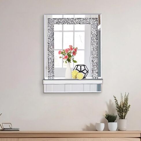 aeveco مرآة حائط فضية مع رف، أبعاد 11 × 15 بوصة، ديكور مرآة كريستال كراش الماسية للزينة أو غرفة المعيشة، ديكور منزلي متألق in Kuwait