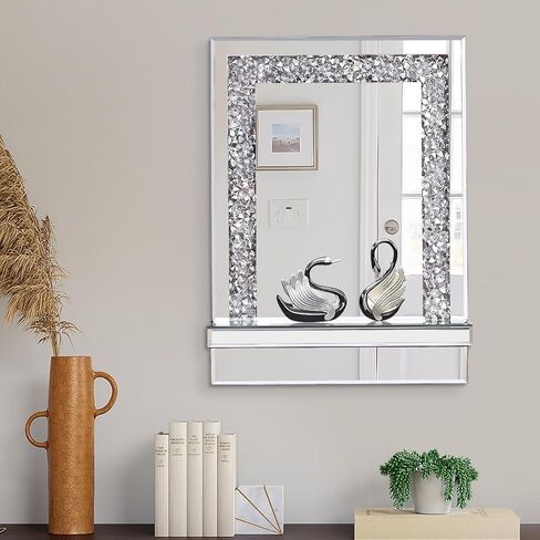 aeveco مرآة حائط فضية مع رف، أبعاد 11 × 15 بوصة، ديكور مرآة كريستال كراش الماسية للزينة أو غرفة المعيشة، ديكور منزلي متألق in Kuwait