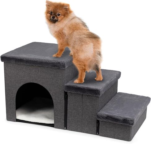 Hollypet Dog Stairs for Small Medium Large Dogs with Storage and Adjustable Steps, Foldable Dog Steps for High Beds and Couch, Non-Slip 3-Step Gray Folding Cat Dog Ramp with Zip up to 200 lbs in Kuwait
