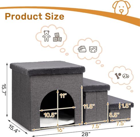 Hollypet Dog Stairs for Small Medium Large Dogs with Storage and Adjustable Steps, Foldable Dog Steps for High Beds and Couch, Non-Slip 3-Step Gray Folding Cat Dog Ramp with Zip up to 200 lbs in Kuwait