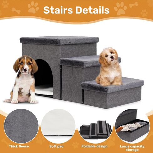 Hollypet Dog Stairs for Small Medium Large Dogs with Storage and Adjustable Steps, Foldable Dog Steps for High Beds and Couch, Non-Slip 3-Step Gray Folding Cat Dog Ramp with Zip up to 200 lbs in Kuwait