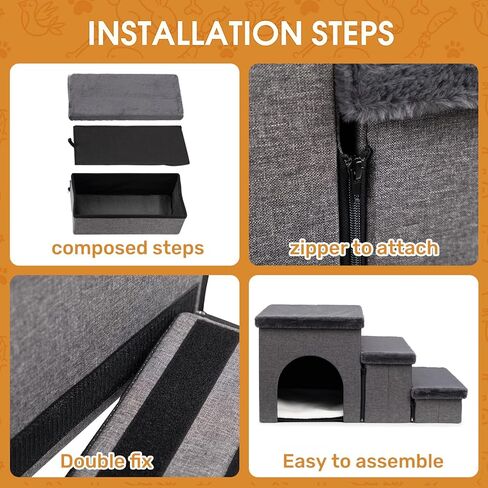 Hollypet Dog Stairs for Small Medium Large Dogs with Storage and Adjustable Steps, Foldable Dog Steps for High Beds and Couch, Non-Slip 3-Step Gray Folding Cat Dog Ramp with Zip up to 200 lbs in Kuwait