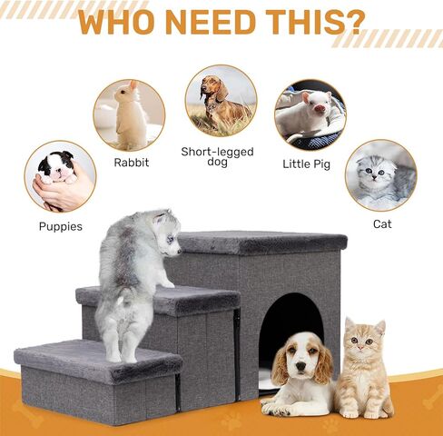 Hollypet Dog Stairs for Small Medium Large Dogs with Storage and Adjustable Steps, Foldable Dog Steps for High Beds and Couch, Non-Slip 3-Step Gray Folding Cat Dog Ramp with Zip up to 200 lbs in Kuwait