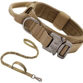 Tactical Dog Collar and Leather Set Military Dog Collar, Adjustable Heavy Metal Buckle, Suitable for M, L, XL Dogs (L, Khaki Set) (43-52CM)
