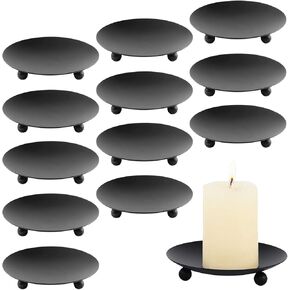 Black Iron Plate Candle Holder, 12PCS Candle Plate Holder 3.54 Inch Pedestal Candle Stand for Wax Candles, Candle Holders for Pillar Candles for Weddings, Church, Incense Cones, Spa, Party Decoration in Kuwait