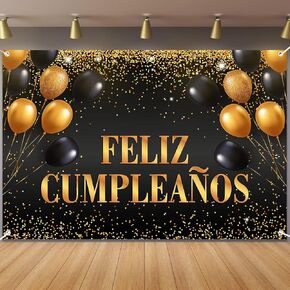 Feliz Cumpleaños Happy Birthday Backdrop Banner Decorations for Women Men Bday Background Photography Party Decor Sign Supplies Black and Gold in Saudi Arabia