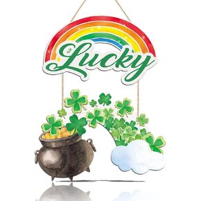 CHDITB القديس باتريك الديكور علامة معلقة، الأخضر شامروك البرسيم علامة الباب الأمامي مع وعاء قوس قزح من الذهب، محظوظ الربيع ديكور الأيرلندية هدية للمنزل في الهواء الطلق حزب عيد القديس بادي in Kuwait