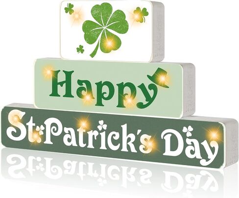 St. Patrick's Day Wooden Block with Lighted Happy St. Patrick's Day Wood Sign 3 Layered Shamrock Set Wood Block Irish St. Patrick's Day Decorations for Home Kitchen Dining Table Centerpiece in Saudi Arabia