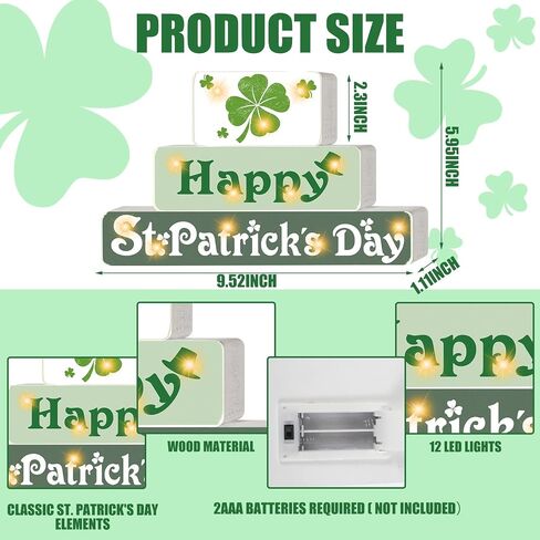 St. Patrick's Day Wooden Block with Lighted Happy St. Patrick's Day Wood Sign 3 Layered Shamrock Set Wood Block Irish St. Patrick's Day Decorations for Home Kitchen Dining Table Centerpiece in Saudi Arabia