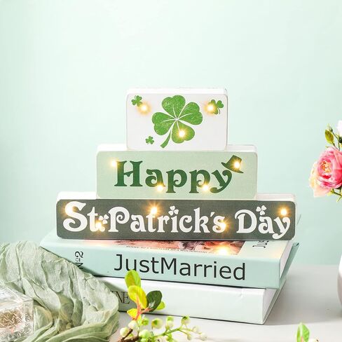 St. Patrick's Day Wooden Block with Lighted Happy St. Patrick's Day Wood Sign 3 Layered Shamrock Set Wood Block Irish St. Patrick's Day Decorations for Home Kitchen Dining Table Centerpiece in Saudi Arabia