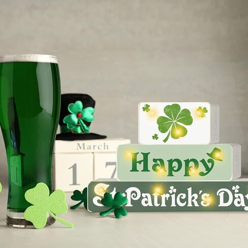 St. Patrick's Day Wooden Block with Lighted Happy St. Patrick's Day Wood Sign 3 Layered Shamrock Set Wood Block Irish St. Patrick's Day Decorations for Home Kitchen Dining Table Centerpiece in Saudi Arabia