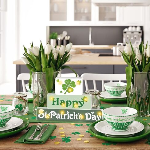 St. Patrick's Day Wooden Block with Lighted Happy St. Patrick's Day Wood Sign 3 Layered Shamrock Set Wood Block Irish St. Patrick's Day Decorations for Home Kitchen Dining Table Centerpiece in Saudi Arabia