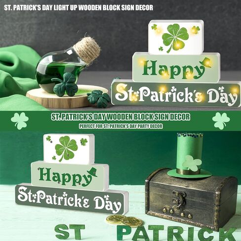 St. Patrick's Day Wooden Block with Lighted Happy St. Patrick's Day Wood Sign 3 Layered Shamrock Set Wood Block Irish St. Patrick's Day Decorations for Home Kitchen Dining Table Centerpiece in Saudi Arabia