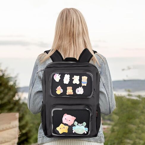 باكماكسي شنطة ظهر ايتا ايتا مع شاشة شفافة مزدوجة بدبابيس، شنطة ظهر متعددة الاغراض، شنطة عرض دبابيس مع حشوة لعرض دبابيس الانيمي in Kuwait