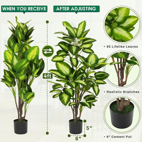 VIAGDO Golden Dieffenbachia in Pot 4ft Tall Artificial Silk Plants Decorative Faux Plants Indoor Fake Tropical Plants with Planter Large Floor Plants for Home Office Porch Housewarming Gift in Kuwait