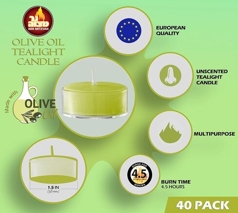 Olive Oil Tea Light Candles - 40 Pack - Clear Cup Unscented Travel, Centerpiece, Decorative Candle - 4.5 Hour Burn Time - by Ner Mitzvah in Saudi Arabia