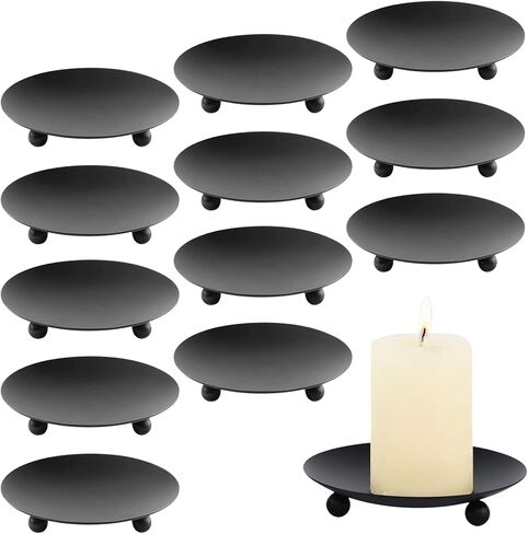 Black Iron Plate Candle Holder, 12PCS Candle Plate Holder 3.54 Inch Pedestal Candle Stand for Wax Candles, Candle Holders for Pillar Candles for Weddings, Church, Incense Cones, Spa, Party Decoration in Kuwait