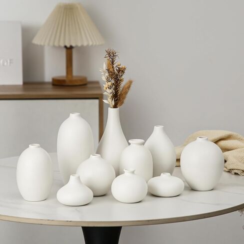 مجموعة مزهرية برعم سيراميك مكونة من 10 - مزهريات برعم صغيرة بيضاء بكميات كبيرة في قطع مركزية لطاولة الطعام، مزهرية زهور صغيرة لطيفة لعشب بامباس وديكور زهرة واحدة، عتبة نافذة الزفاف المثالية ديكور مكتبي جمالي in Kuwait