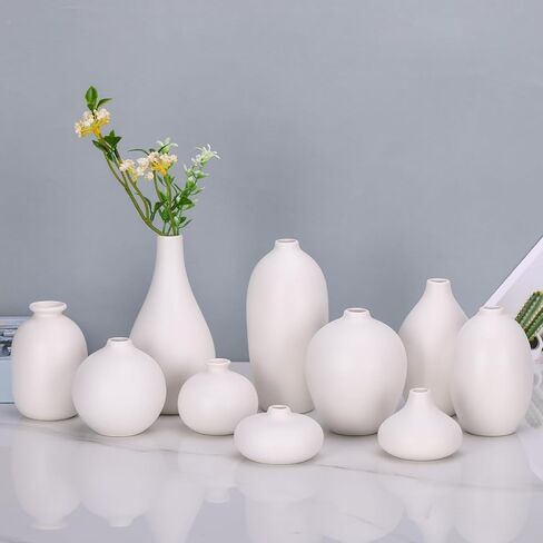 مجموعة مزهرية برعم سيراميك مكونة من 10 - مزهريات برعم صغيرة بيضاء بكميات كبيرة في قطع مركزية لطاولة الطعام، مزهرية زهور صغيرة لطيفة لعشب بامباس وديكور زهرة واحدة، عتبة نافذة الزفاف المثالية ديكور مكتبي جمالي in Kuwait