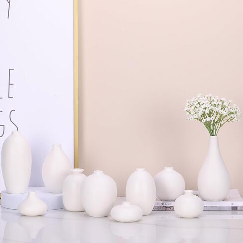 مجموعة مزهرية برعم سيراميك مكونة من 10 - مزهريات برعم صغيرة بيضاء بكميات كبيرة في قطع مركزية لطاولة الطعام، مزهرية زهور صغيرة لطيفة لعشب بامباس وديكور زهرة واحدة، عتبة نافذة الزفاف المثالية ديكور مكتبي جمالي in Kuwait