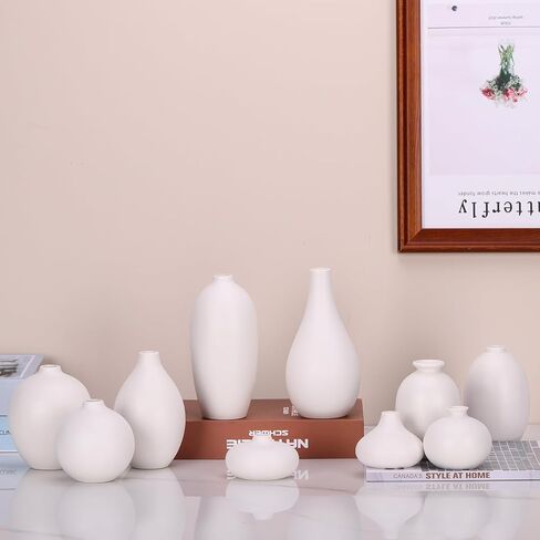 مجموعة مزهرية برعم سيراميك مكونة من 10 - مزهريات برعم صغيرة بيضاء بكميات كبيرة في قطع مركزية لطاولة الطعام، مزهرية زهور صغيرة لطيفة لعشب بامباس وديكور زهرة واحدة، عتبة نافذة الزفاف المثالية ديكور مكتبي جمالي in Kuwait