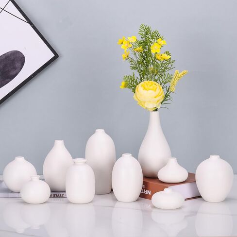 مجموعة مزهرية برعم سيراميك مكونة من 10 - مزهريات برعم صغيرة بيضاء بكميات كبيرة في قطع مركزية لطاولة الطعام، مزهرية زهور صغيرة لطيفة لعشب بامباس وديكور زهرة واحدة، عتبة نافذة الزفاف المثالية ديكور مكتبي جمالي in Kuwait