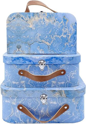 حقائب من الورق المقوى، مجموعة من 3 قطع - صناديق هدايا تخزين متداخلة لعيد الميلاد والزفاف وعيد الفصح وديكور المكتب والحضانة وعرض الصور - تصميم خريطة العالم العتيق (S+M+L، ازرق) in Kuwait