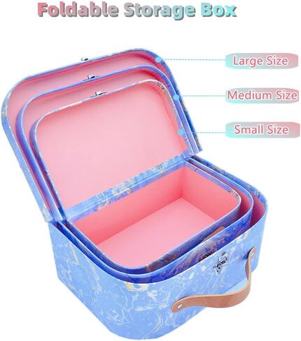 حقائب من الورق المقوى، مجموعة من 3 قطع - صناديق هدايا تخزين متداخلة لعيد الميلاد والزفاف وعيد الفصح وديكور المكتب والحضانة وعرض الصور - تصميم خريطة العالم العتيق (S+M+L، ازرق) in Kuwait