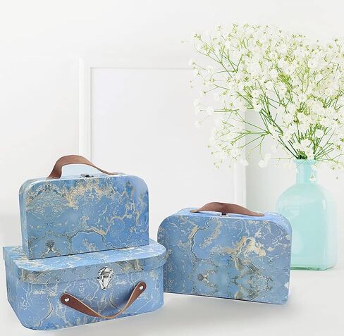 حقائب من الورق المقوى، مجموعة من 3 قطع - صناديق هدايا تخزين متداخلة لعيد الميلاد والزفاف وعيد الفصح وديكور المكتب والحضانة وعرض الصور - تصميم خريطة العالم العتيق (S+M+L، ازرق) in Kuwait