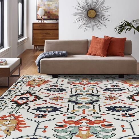 Kaspene Home - سجادة رفيعة للغاية من القطن والبوليستر الشرقي الفارسي باللون البرتقالي والأزرق لغرفة النوم وغرفة المعيشة ومنطقة تناول الطعام - صديقة للأطفال والحيوانات الأليفة، 8 × 10 in Kuwait