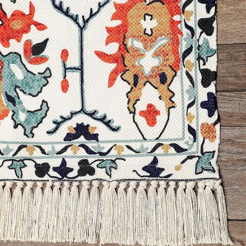 Kaspene Home - سجادة رفيعة للغاية من القطن والبوليستر الشرقي الفارسي باللون البرتقالي والأزرق لغرفة النوم وغرفة المعيشة ومنطقة تناول الطعام - صديقة للأطفال والحيوانات الأليفة، 8 × 10 in Kuwait