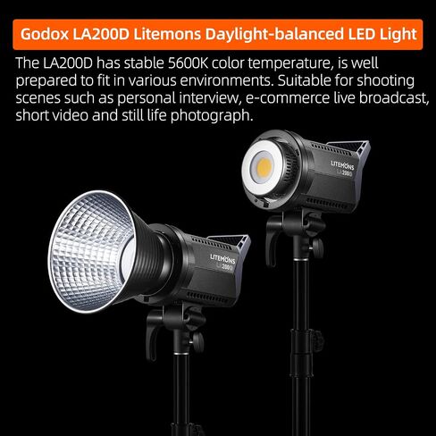 GODOX LA200D LED Video Light 5600K Color Temperature 0%-100% Brightness Adjustment CRI96 TLCI97 Bluetooth APP Control Bowens Mount Suitable for Interviews, Live Broadcasts, Portraits, Video Shooting in Saudi Arabia
