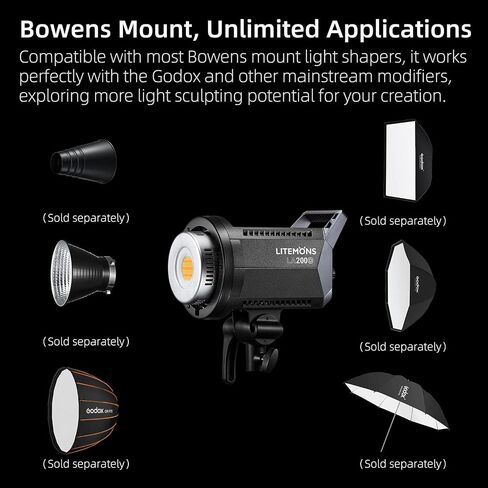 GODOX LA200D LED Video Light 5600K Color Temperature 0%-100% Brightness Adjustment CRI96 TLCI97 Bluetooth APP Control Bowens Mount Suitable for Interviews, Live Broadcasts, Portraits, Video Shooting in Saudi Arabia
